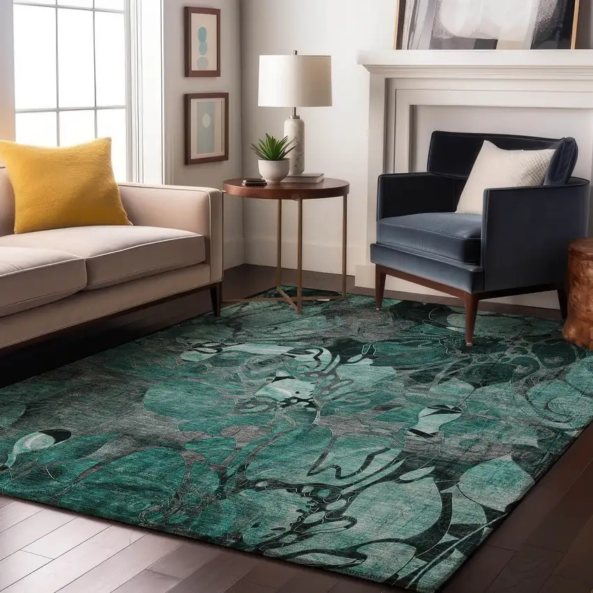 Teal And Gray Floral Washable Area Rug With UV Protection Photo 5