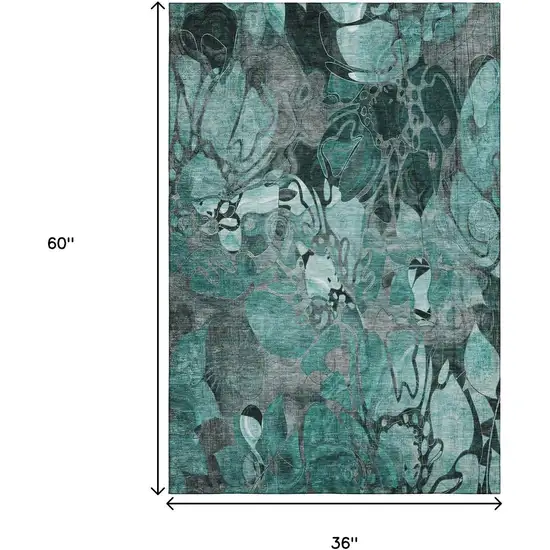 Teal And Gray Floral Washable Area Rug With UV Protection Photo 3