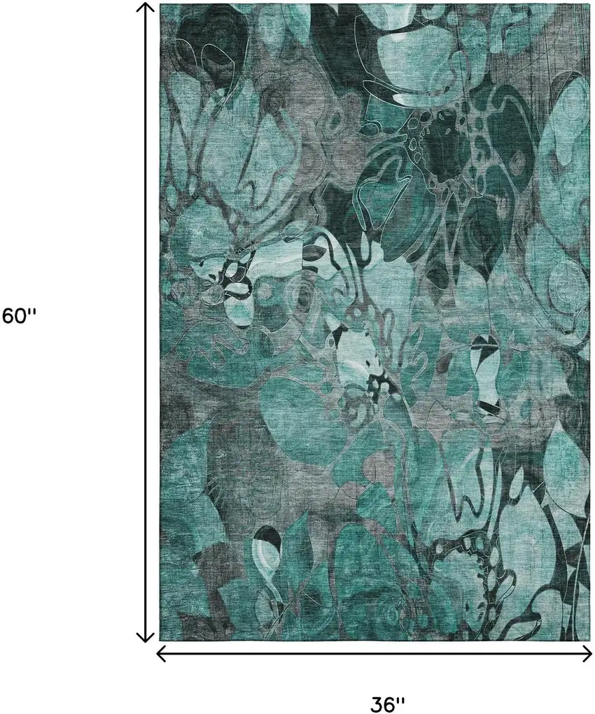 Teal And Gray Floral Washable Area Rug With UV Protection Photo 3