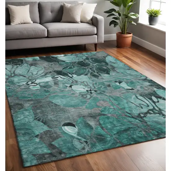 Teal And Gray Floral Washable Area Rug With UV Protection Photo 2