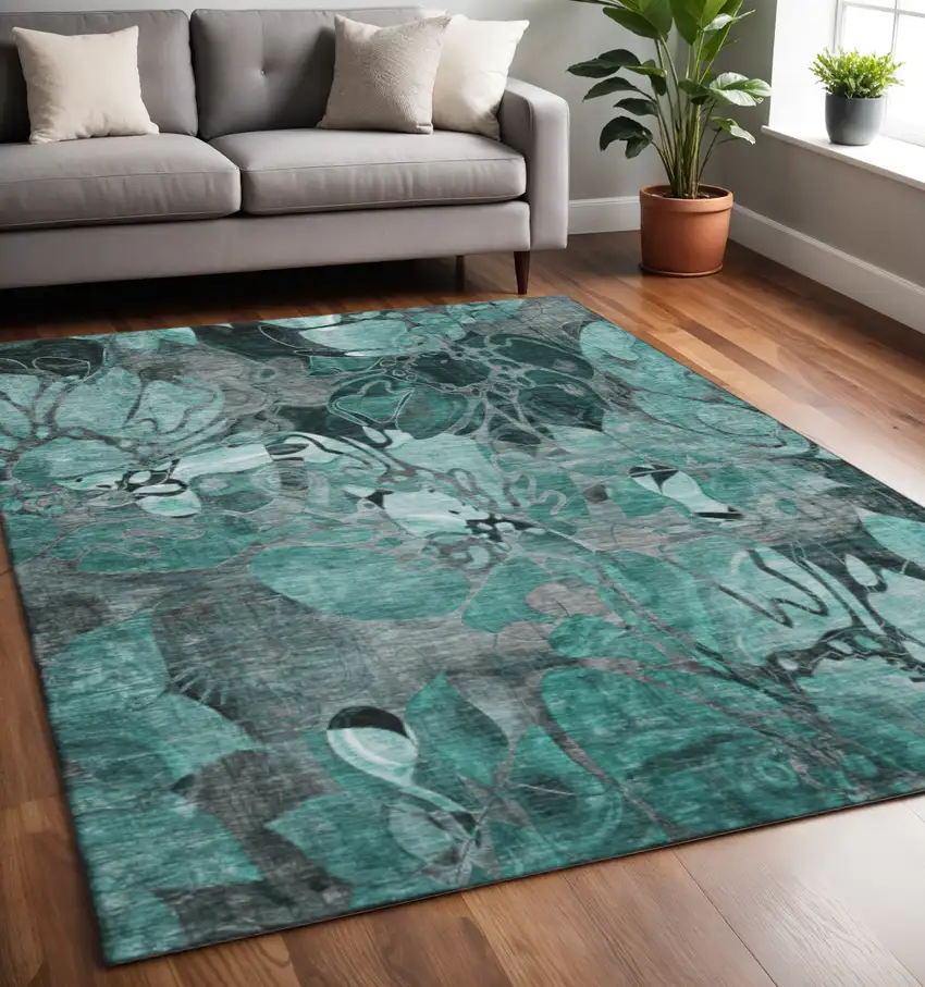 Teal And Gray Floral Washable Area Rug With UV Protection Photo 2