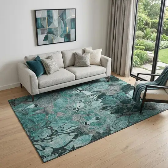 Teal And Gray Abstract Distressed Washable Area Rug With UV Protection Photo 1