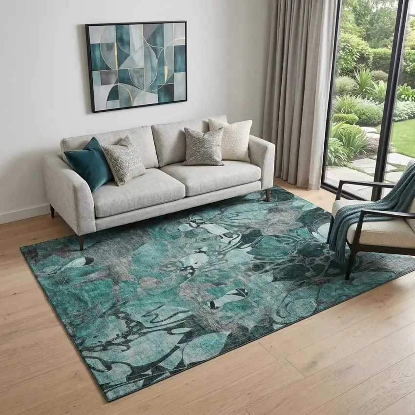 Teal And Gray Abstract Distressed Washable Area Rug With UV Protection Photo 1