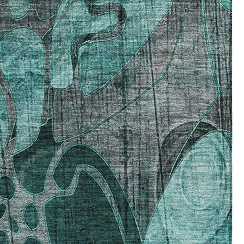 Teal And Gray Floral Washable Area Rug With UV Protection Photo 4