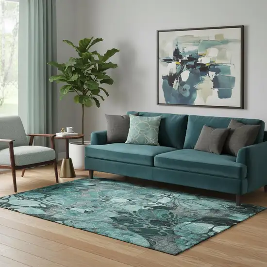 Teal And Gray Floral Washable Area Rug With UV Protection Photo 1