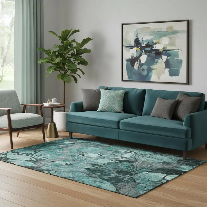 Teal And Gray Floral Washable Area Rug With UV Protection Photo 1