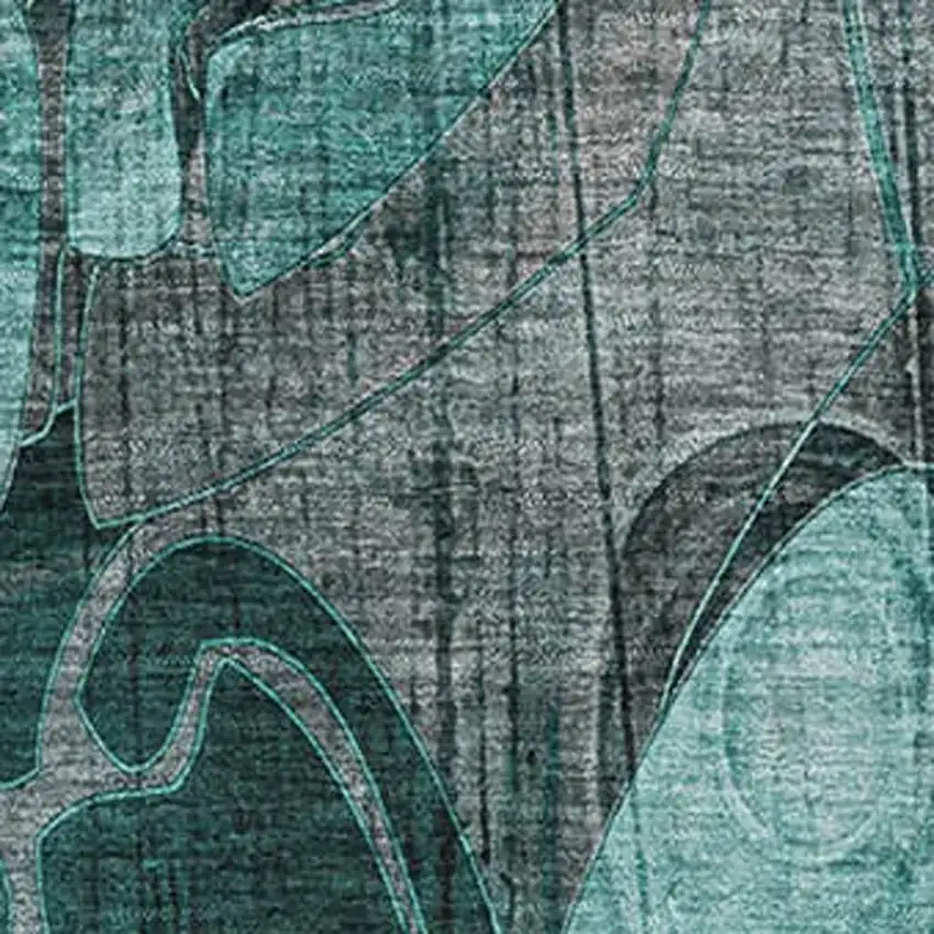 Teal And Gray Floral Washable Area Rug With UV Protection Photo 3