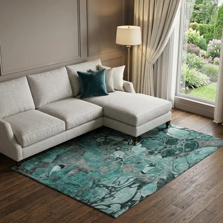 Teal And Gray Abstract Distressed Washable Area Rug With UV Protection Photo 1