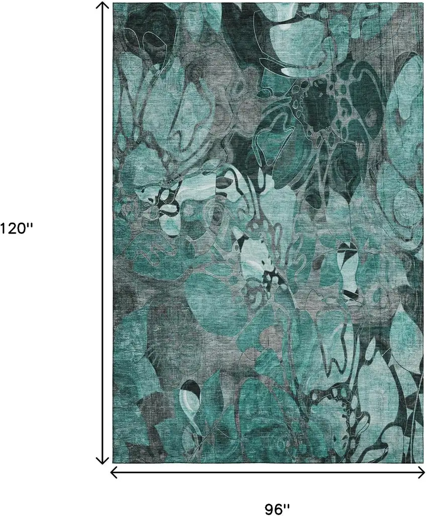 Teal And Gray Floral Washable Area Rug With UV Protection Photo 3