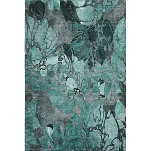 Photo of Teal And Gray Floral Washable Area Rug With UV Protection