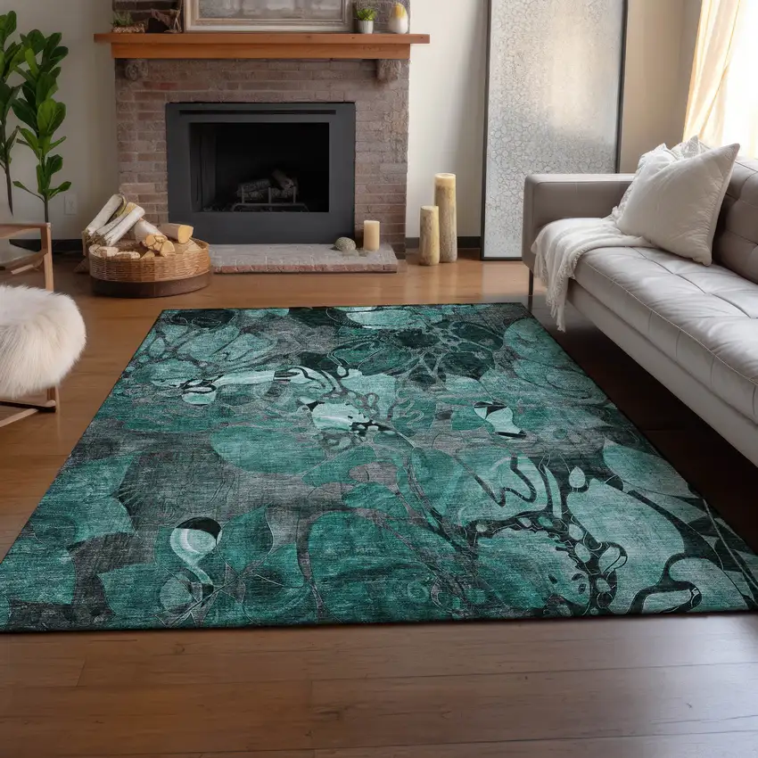 Teal And Gray Floral Washable Area Rug With UV Protection Photo 6