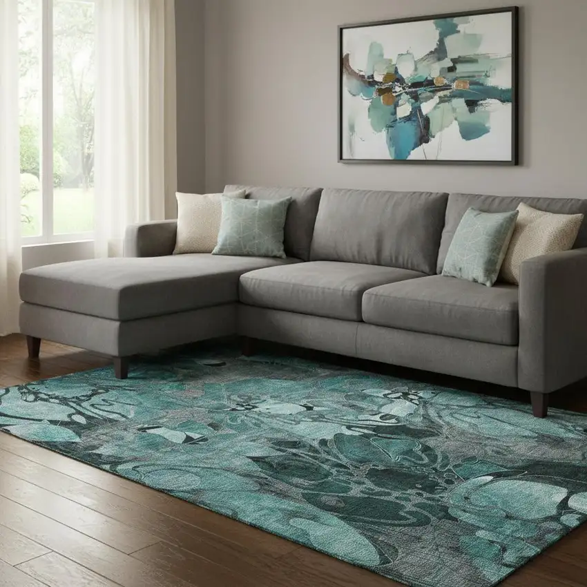 Teal And Gray Floral Washable Area Rug With UV Protection Photo 1