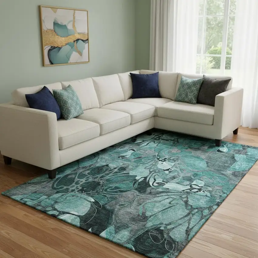 Teal And Gray Floral Washable Area Rug With UV Protection Photo 1
