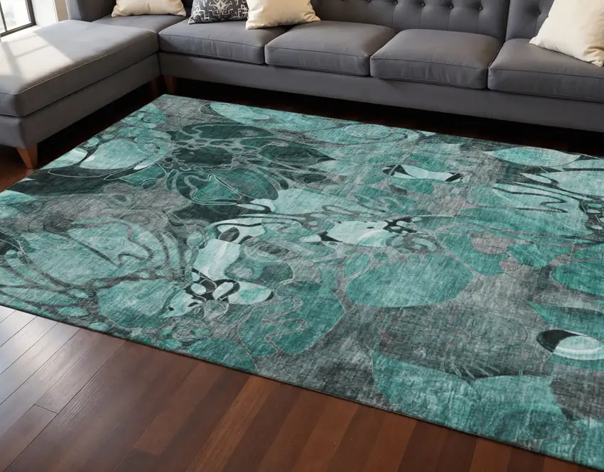 Teal And Gray Floral Washable Area Rug With UV Protection Photo 2