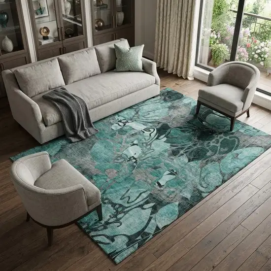 Teal And Gray Abstract Distressed Washable Area Rug With UV Protection Photo 1
