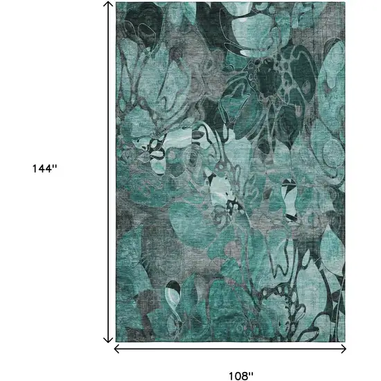 Teal And Gray Floral Washable Area Rug With UV Protection Photo 3