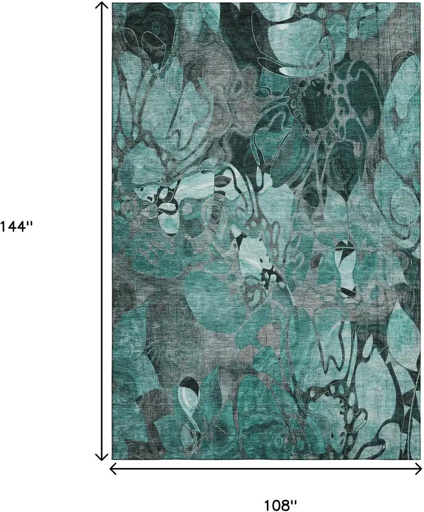 Teal And Gray Floral Washable Area Rug With UV Protection Photo 3