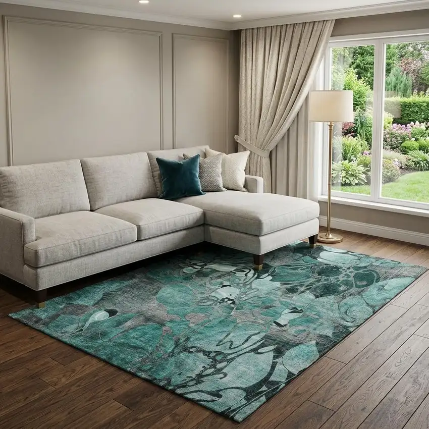 Teal And Gray Abstract Distressed Washable Area Rug With UV Protection Photo 1
