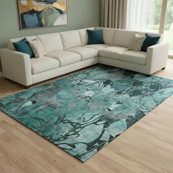 Teal And Gray Floral Washable Area Rug With UV Protection Photo 1