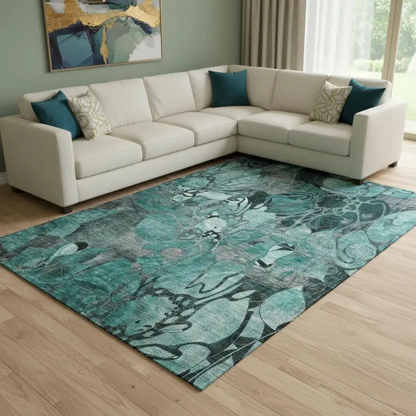 Teal And Gray Floral Washable Area Rug With UV Protection Photo 1