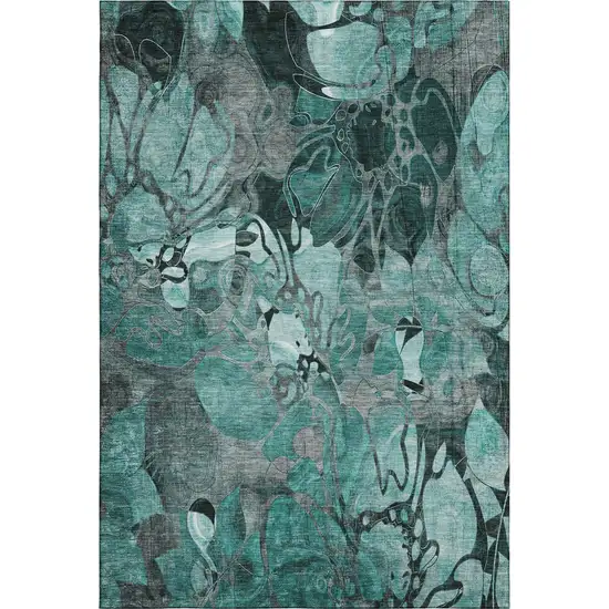 Teal And Gray Floral Washable Area Rug With UV Protection Photo 1