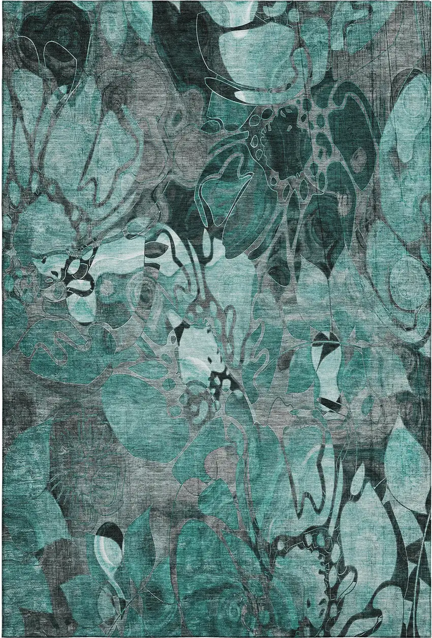 Teal And Gray Floral Washable Area Rug With UV Protection Photo 1