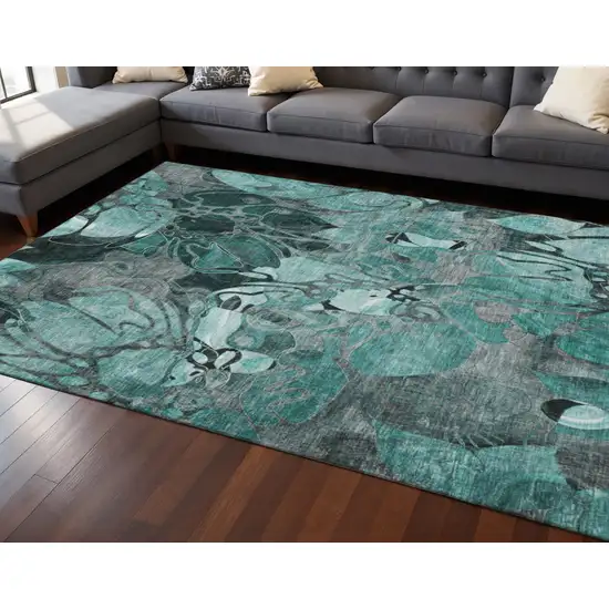 Teal And Gray Floral Washable Area Rug With UV Protection Photo 2