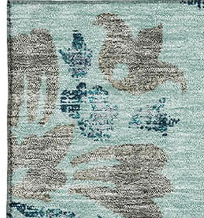 Teal And Gray Floral Washable Area Rug With UV Protection Photo 6