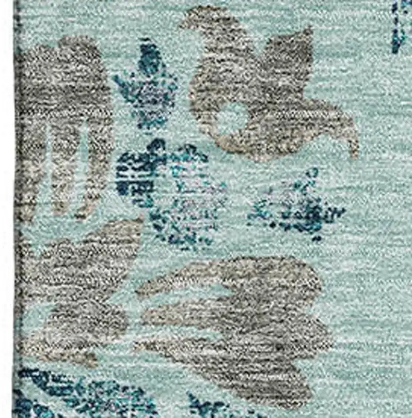 Teal And Gray Floral Washable Area Rug With UV Protection Photo 4