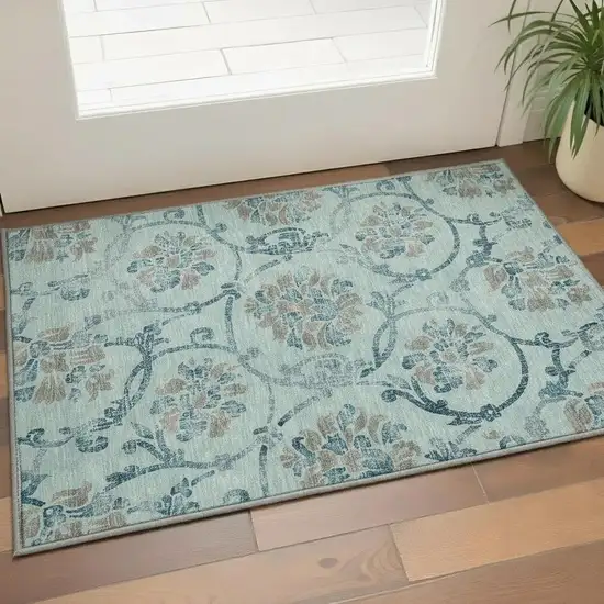 Teal And Gray Floral Washable Area Rug With UV Protection Photo 2