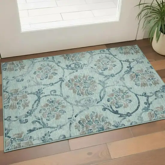 Teal And Gray Floral Washable Area Rug With UV Protection Photo 1