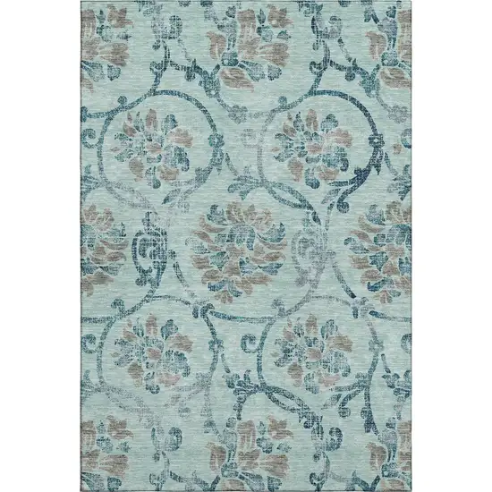 Teal And Gray Floral Washable Area Rug With UV Protection Photo 5