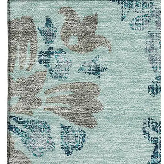 Teal And Gray Floral Washable Area Rug With UV Protection Photo 1