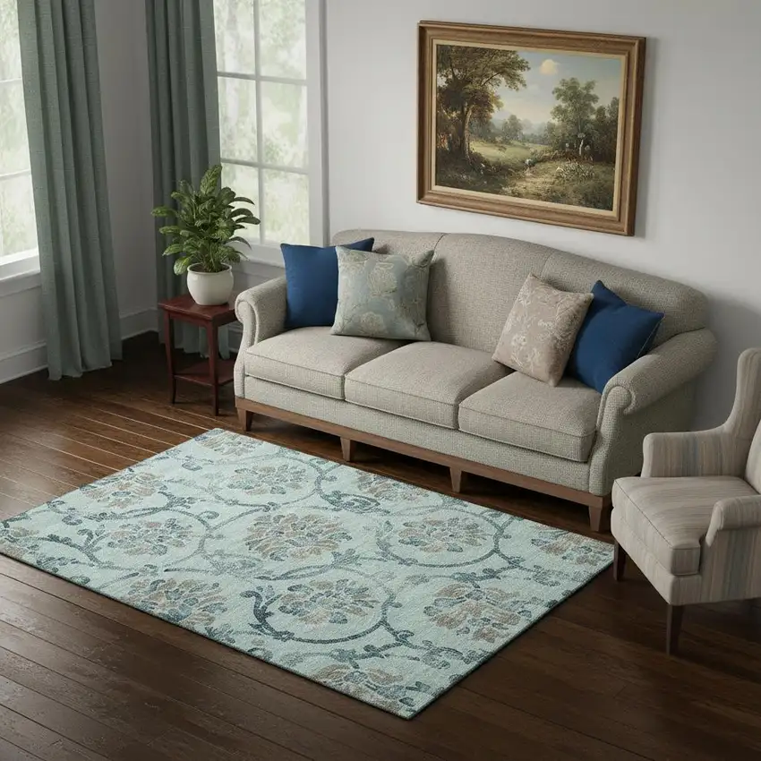 Teal And Gray Floral Washable Area Rug With UV Protection Photo 1