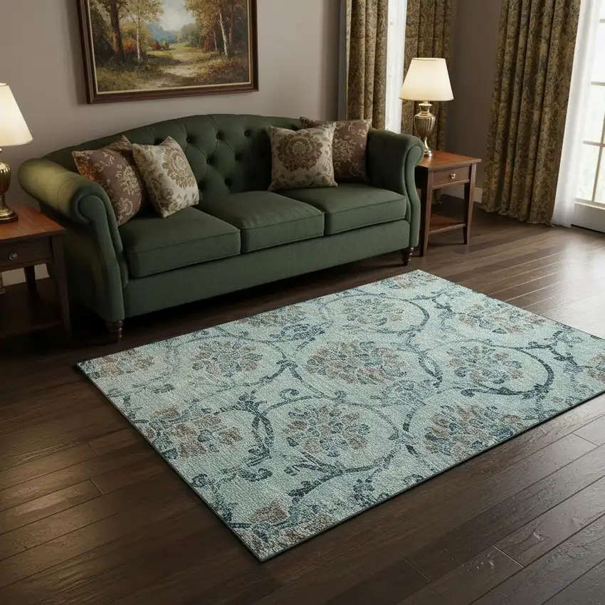Teal And Gray Floral Washable Area Rug With UV Protection Photo 2