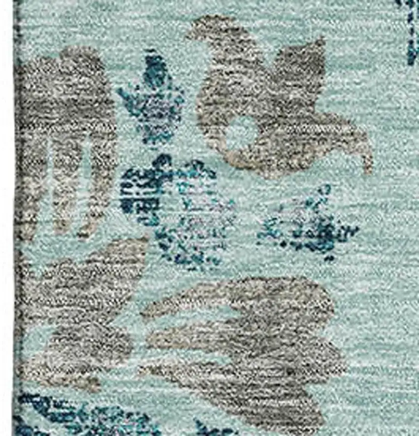 Teal And Gray Floral Washable Area Rug With UV Protection Photo 3