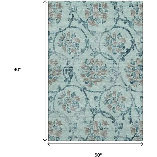 Teal And Gray Floral Washable Area Rug With UV Protection Photo 3