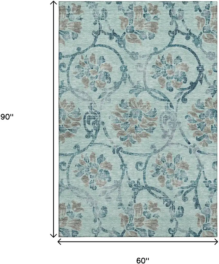 Teal And Gray Floral Washable Area Rug With UV Protection Photo 3