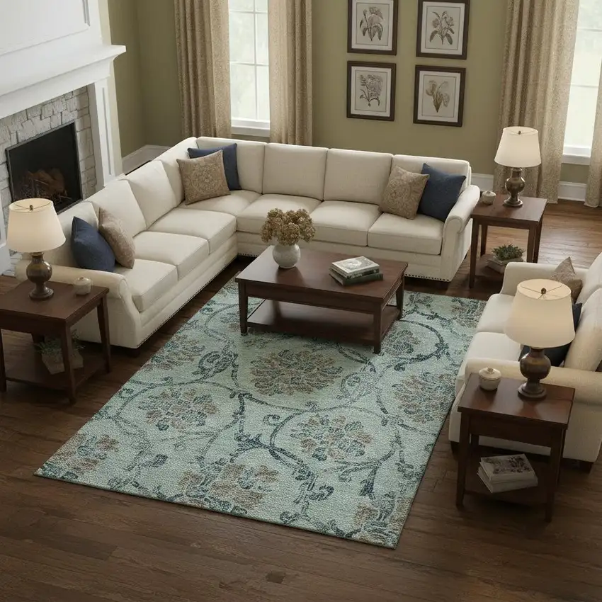 Teal And Gray Floral Washable Area Rug With UV Protection Photo 2