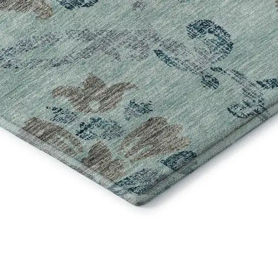 Teal And Gray Floral Washable Area Rug With UV Protection Photo 8