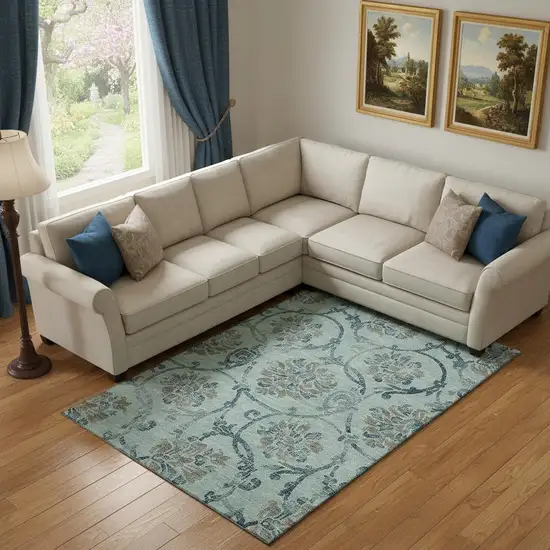 Teal And Gray Floral Washable Area Rug With UV Protection Photo 1