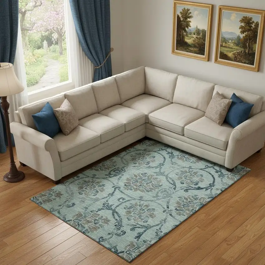 Teal And Gray Floral Washable Area Rug With UV Protection Photo 1