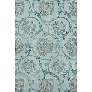 Photo of Teal And Gray Floral Washable Area Rug With UV Protection