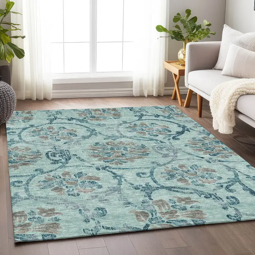 Teal And Gray Floral Washable Area Rug With UV Protection Photo 5
