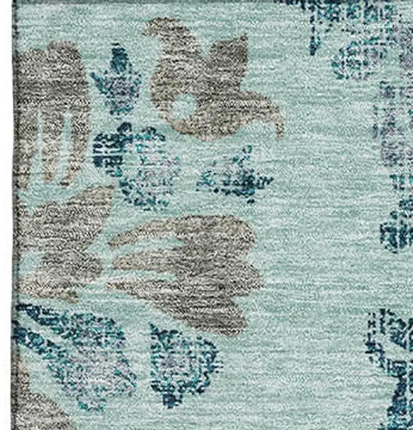 Teal And Gray Floral Washable Area Rug With UV Protection Photo 4