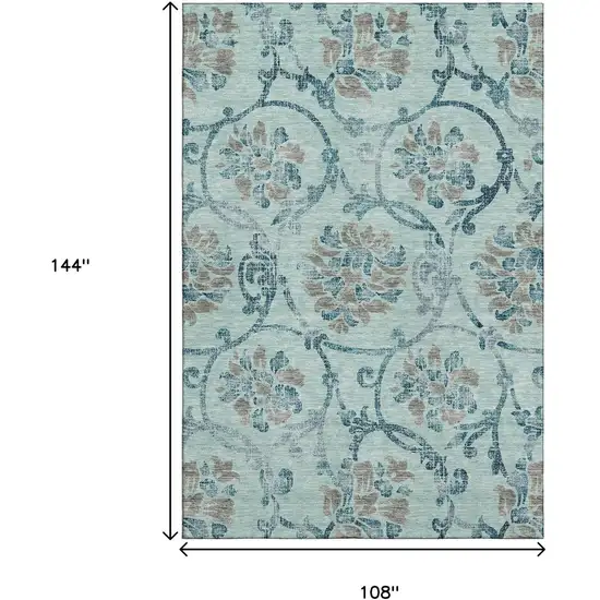 Teal And Gray Floral Washable Area Rug With UV Protection Photo 3