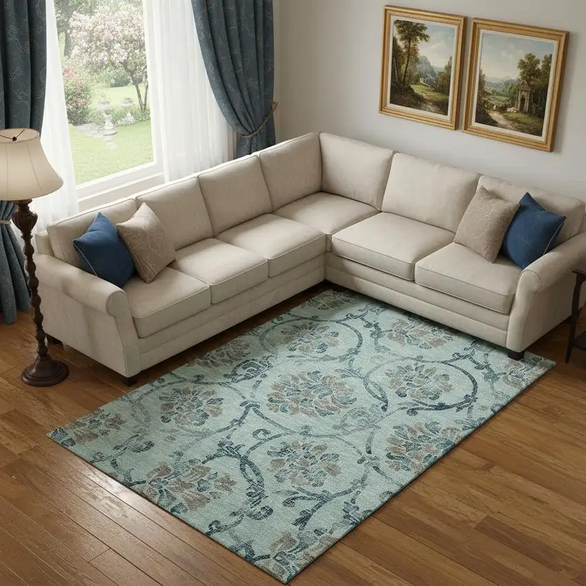 Teal And Gray Floral Washable Area Rug With UV Protection Photo 1