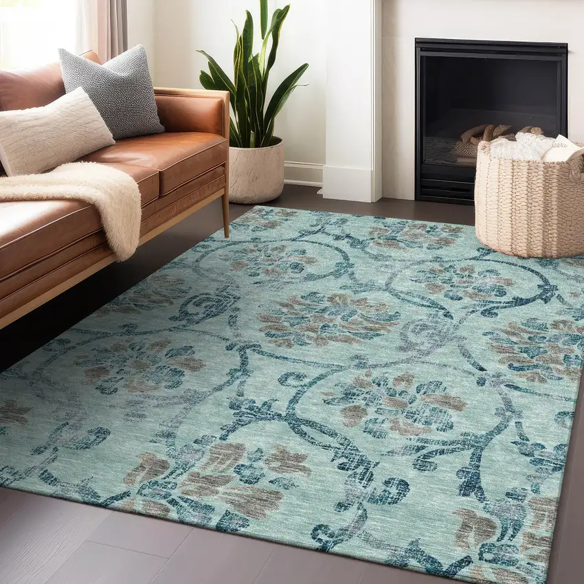 Teal And Gray Floral Washable Area Rug With UV Protection Photo 5