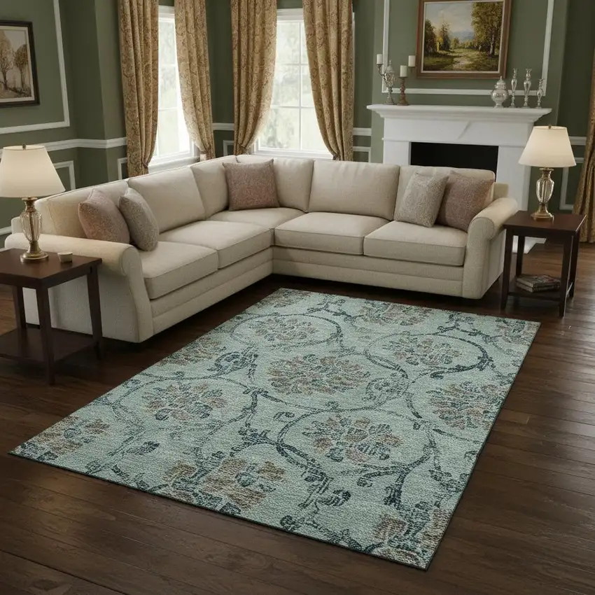 Teal And Gray Floral Washable Area Rug With UV Protection Photo 2