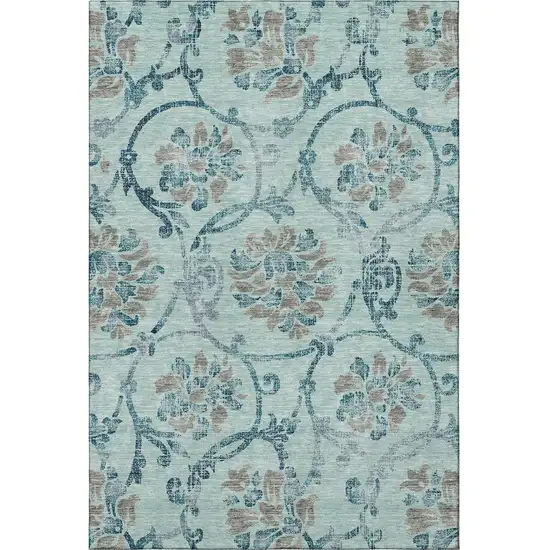 Teal And Gray Floral Washable Area Rug With UV Protection Photo 3